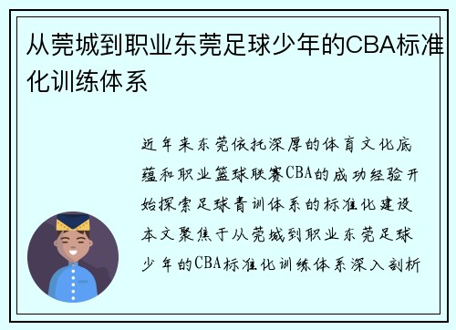 从莞城到职业东莞足球少年的CBA标准化训练体系