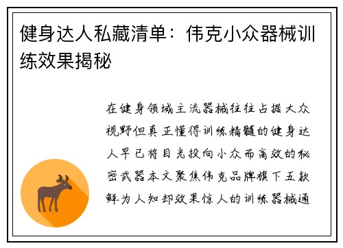 健身达人私藏清单：伟克小众器械训练效果揭秘