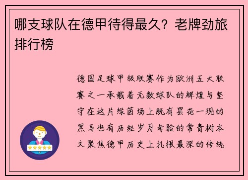 哪支球队在德甲待得最久？老牌劲旅排行榜